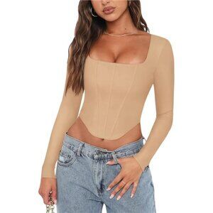 Womens Trendy Sexy Square Neck Long Sleeve Nude